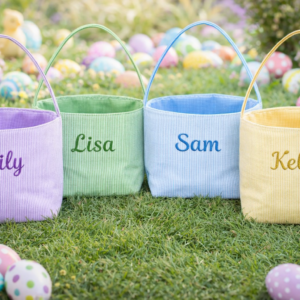Embroidered Seersucker Easter Bunny Basket – Reusable Fabric Easter Basket 🐰🌸