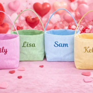 Personalized Valentines Day Seersucker Basket – Custom Embroidered Gift Basket